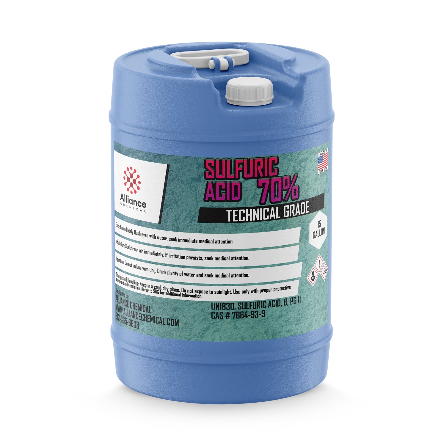 15-gallon blue HDPE carboy of 70% technical-grade sulfuric acid with safety warnings, CAS #7664-93-3, hazmat symbols and Alliance Chemical branding.